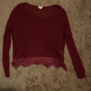 Burgundy Knitted Sweater with Lace Detailing